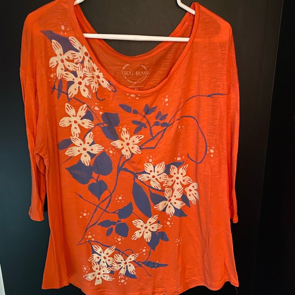Lucky Brand Orange 3/4 sleeve floral top XL